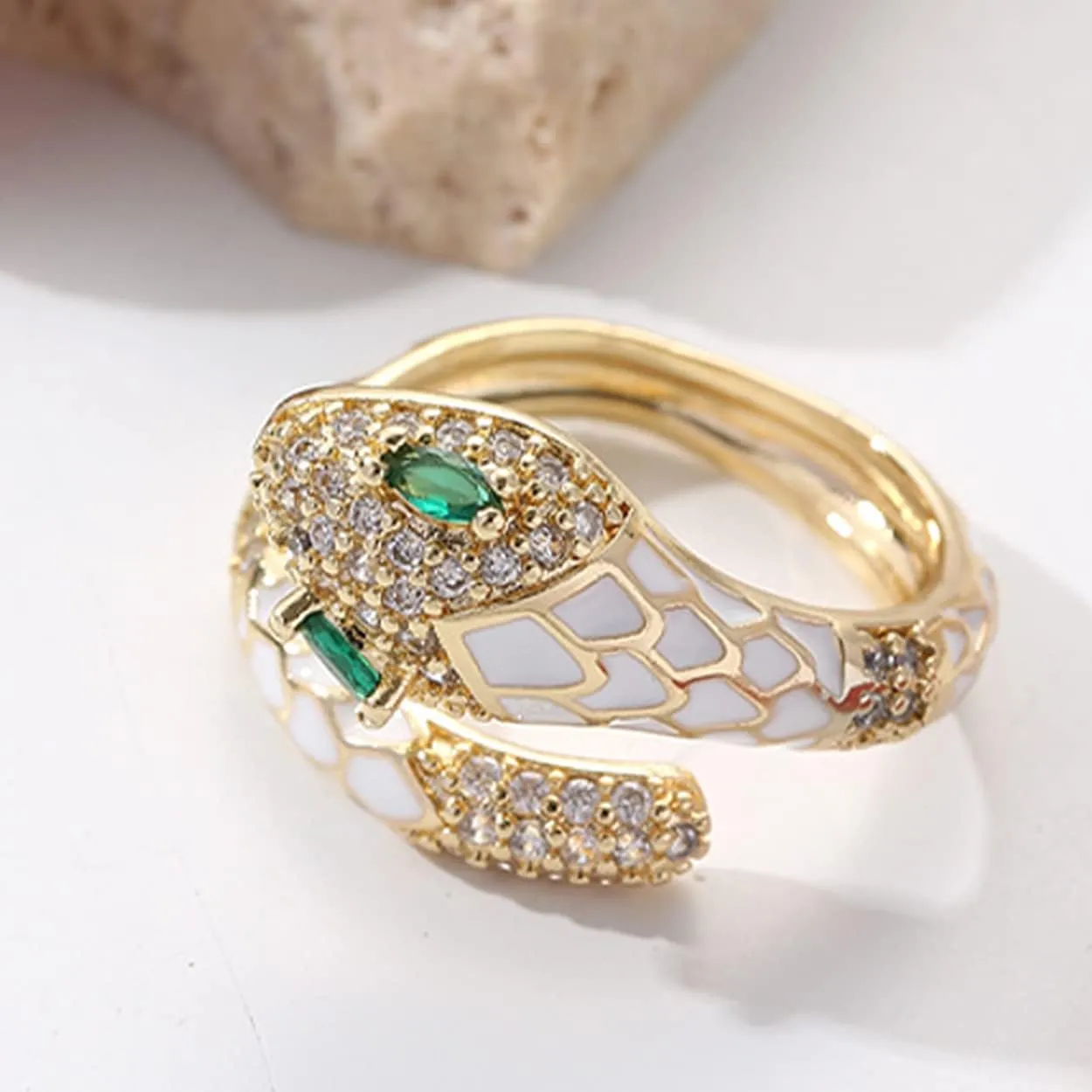 Jean Beau Cute Snake Adjustable Open Gold Ring for Women - Sparkly Vintage Wrap Stacking Animal Green Enamel Eye Fashion Statement Love Promise Costume Finger Cocktail Party Jewelry Gift