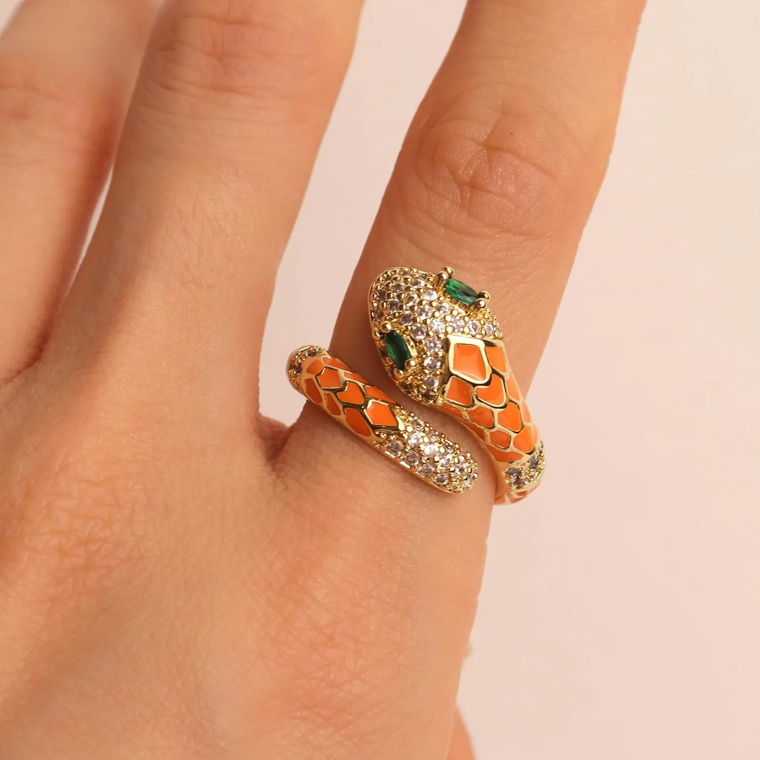 Jean Beau Cute Snake Adjustable Open Gold Ring for Women - Sparkly Vintage Wrap Stacking Animal Green Enamel Eye Fashion Statement Love Promise Costume Finger Cocktail Party Jewelry Gift