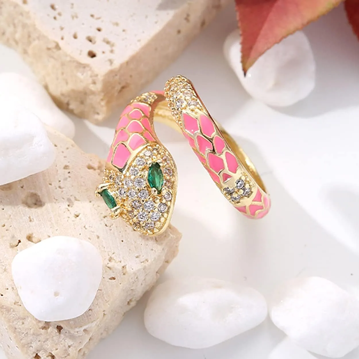 Jean Beau Cute Snake Adjustable Open Gold Ring for Women - Sparkly Vintage Wrap Stacking Animal Green Enamel Eye Fashion Statement Love Promise Costume Finger Cocktail Party Jewelry Gift