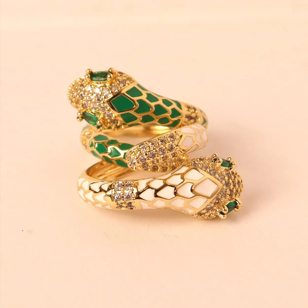 Jean Beau Cute Snake Adjustable Open Gold Ring for Women - Sparkly Vintage Wrap Stacking Animal Green Enamel Eye Fashion Statement Love Promise Costume Finger Cocktail Party Jewelry Gift