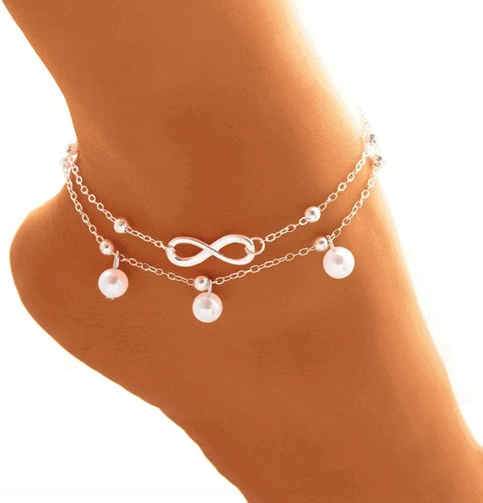 Jean Beau Infinity Beach Anklet bracelet for Women Teen Boho Waterproof Double Layered Dainty Beads Chain Charm Ankle Pearl dangling foot Jewelry Gift