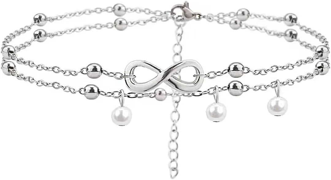 Jean Beau Infinity Beach Anklet bracelet for Women Teen Boho Waterproof Double Layered Dainty Beads Chain Charm Ankle Pearl dangling foot Jewelry Gift