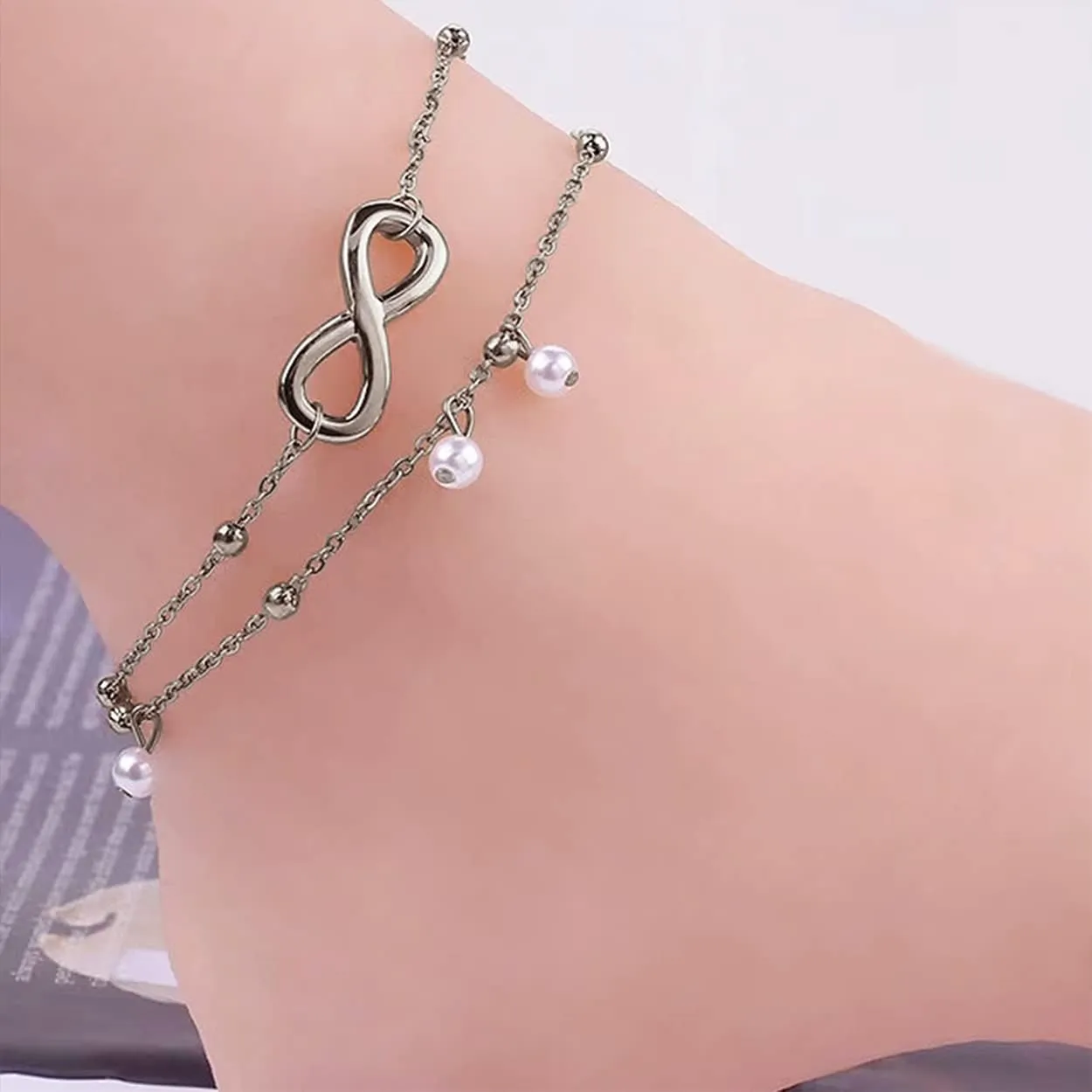 Jean Beau Infinity Beach Anklet bracelet for Women Teen Boho Waterproof Double Layered Dainty Beads Chain Charm Ankle Pearl dangling foot Jewelry Gift
