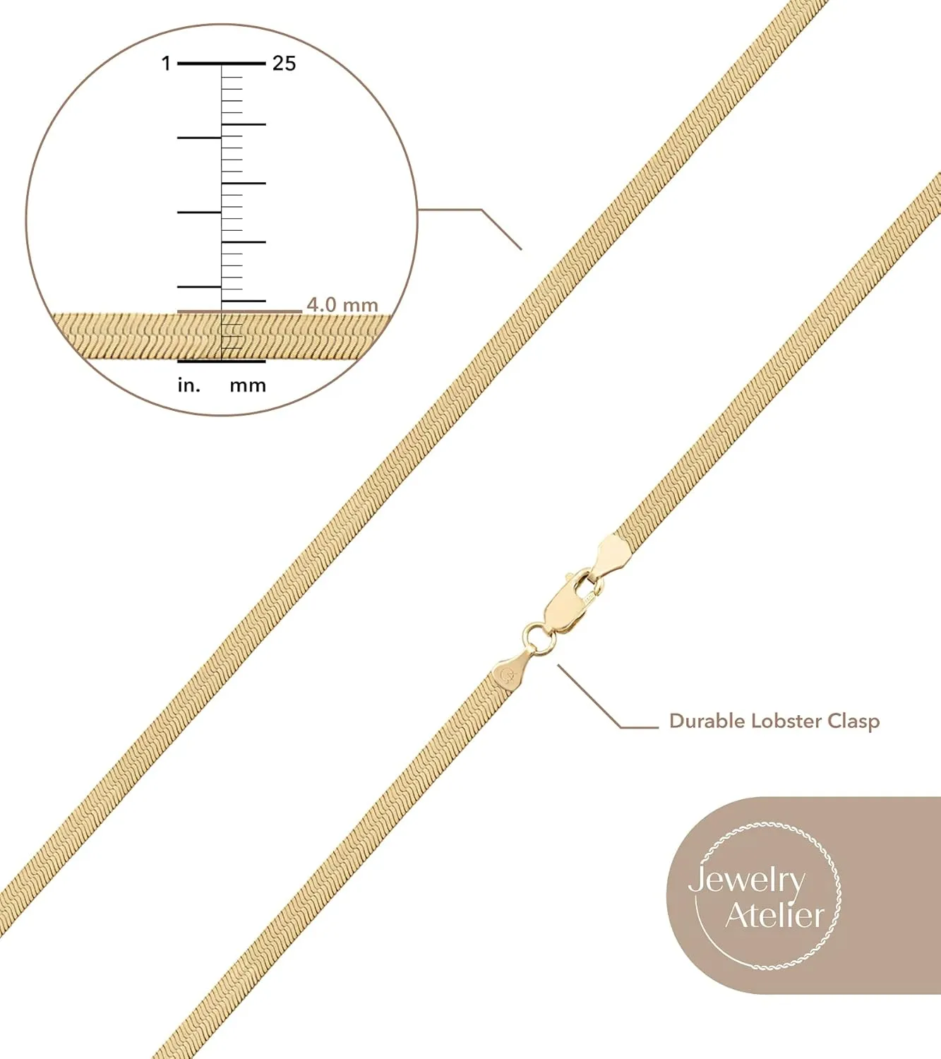 Jewelry Atelier Gold Chain Necklace Collection - 14K Solid Yellow Gold Filled Herringbone/Snake Chain Necklaces for Women and Men with Different Sizes (3.2mm or 4.0mm)