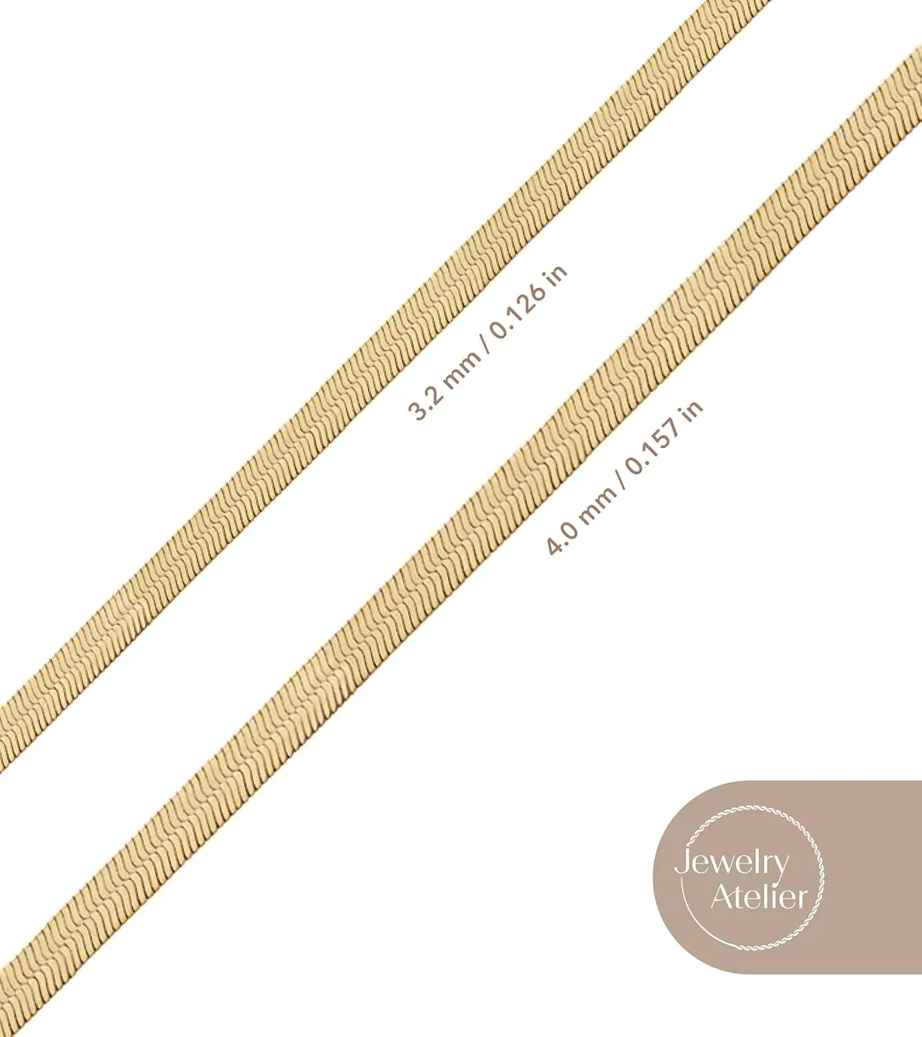 Jewelry Atelier Gold Chain Necklace Collection - 14K Solid Yellow Gold Filled Herringbone/Snake Chain Necklaces for Women and Men with Different Sizes (3.2mm or 4.0mm)