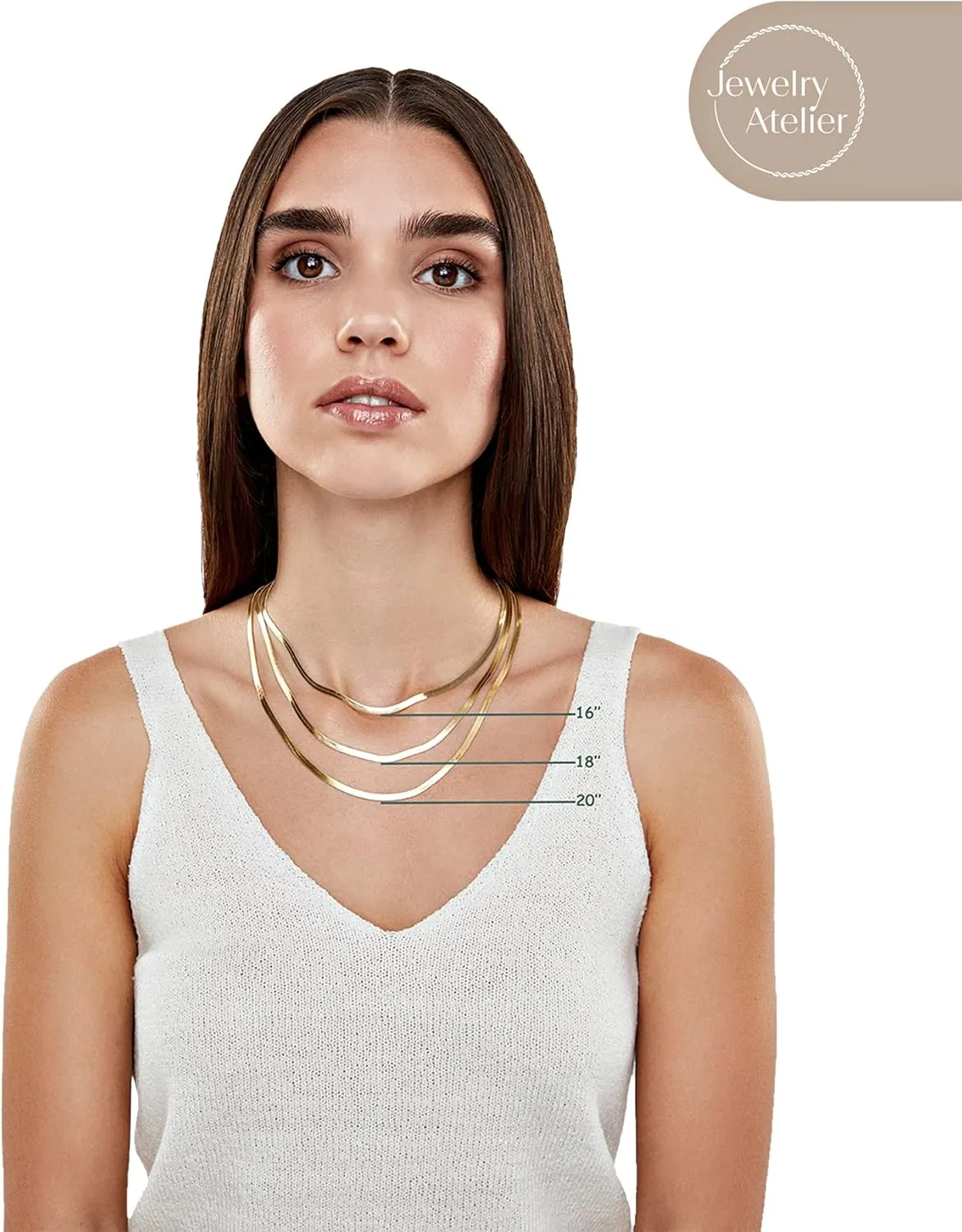 Jewelry Atelier Gold Chain Necklace Collection - 14K Solid Yellow Gold Filled Herringbone/Snake Chain Necklaces for Women and Men with Different Sizes (3.2mm or 4.0mm)