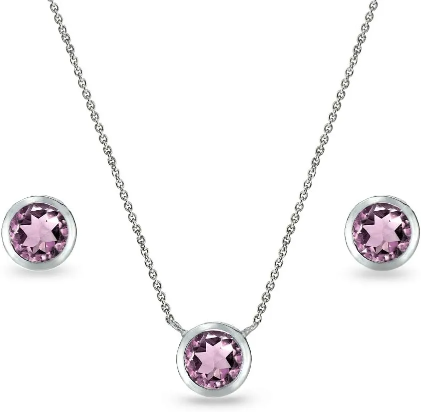 Jewelry Sets for Women, Necklace and Earring Sets for Women, Birthstone Jewelry, Genuine or Synthetic Gems, 5mm Round Bezel, Pendant Necklace, Short Necklace, Stud Earrings, Sterling Silver Jewelry
