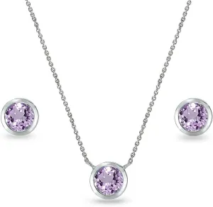 Jewelry Sets for Women, Necklace and Earring Sets for Women, Birthstone Jewelry, Genuine or Synthetic Gems, 5mm Round Bezel, Pendant Necklace, Short Necklace, Stud Earrings, Sterling Silver Jewelry