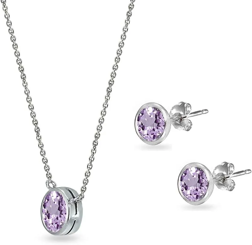 Jewelry Sets for Women, Necklace and Earring Sets for Women, Birthstone Jewelry, Genuine or Synthetic Gems, 5mm Round Bezel, Pendant Necklace, Short Necklace, Stud Earrings, Sterling Silver Jewelry