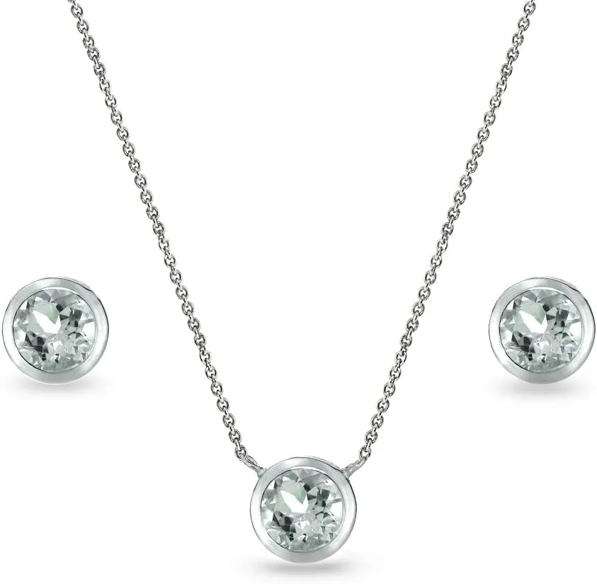 Jewelry Sets for Women, Necklace and Earring Sets for Women, Birthstone Jewelry, Genuine or Synthetic Gems, 5mm Round Bezel, Pendant Necklace, Short Necklace, Stud Earrings, Sterling Silver Jewelry