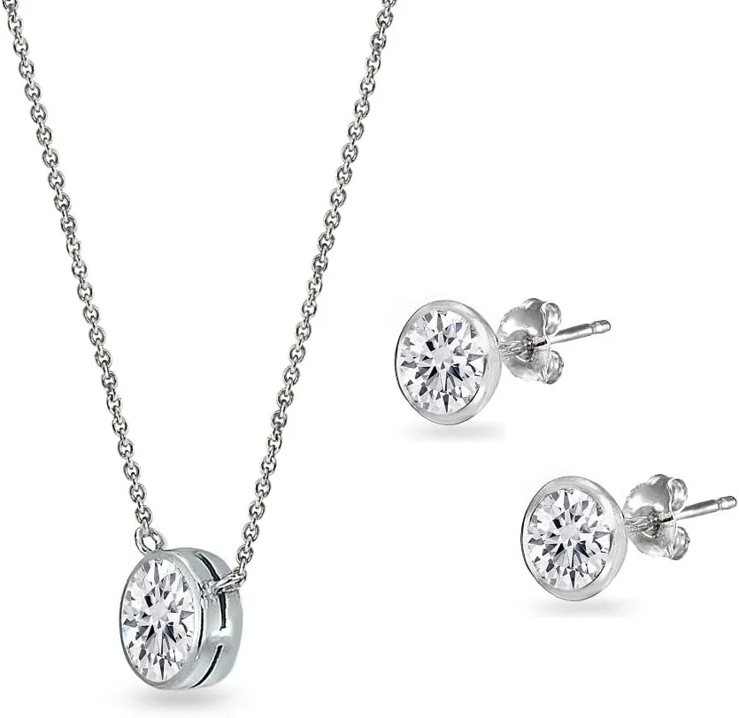 Jewelry Sets for Women, Necklace and Earring Sets for Women, Birthstone Jewelry, Genuine or Synthetic Gems, 5mm Round Bezel, Pendant Necklace, Short Necklace, Stud Earrings, Sterling Silver Jewelry