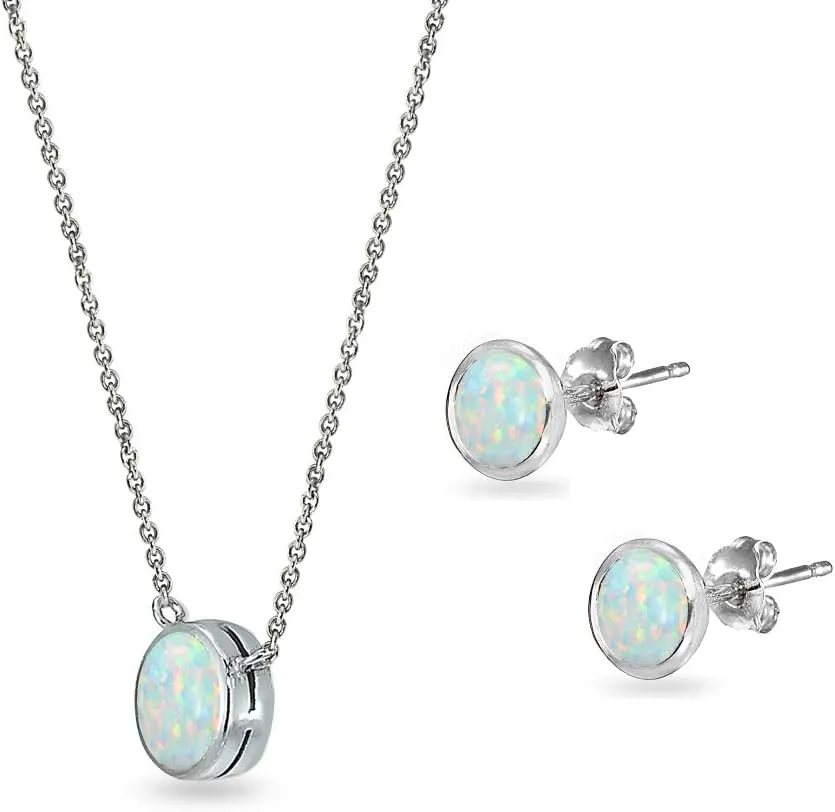 Jewelry Sets for Women, Necklace and Earring Sets for Women, Birthstone Jewelry, Genuine or Synthetic Gems, 5mm Round Bezel, Pendant Necklace, Short Necklace, Stud Earrings, Sterling Silver Jewelry