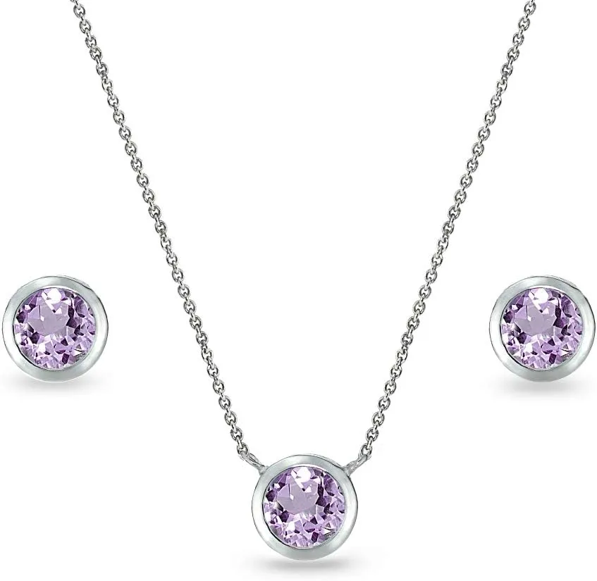 Jewelry Sets for Women, Necklace and Earring Sets for Women, Birthstone Jewelry, Genuine or Synthetic Gems, 5mm Round Bezel, Pendant Necklace, Short Necklace, Stud Earrings, Sterling Silver Jewelry