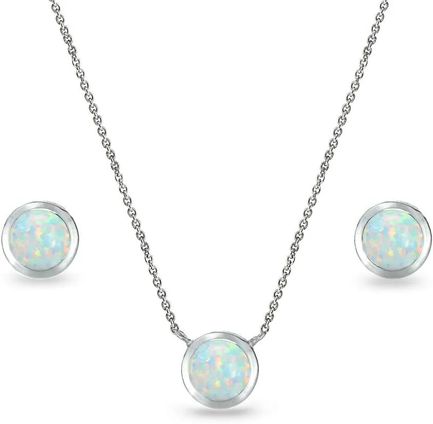 Jewelry Sets for Women, Necklace and Earring Sets for Women, Birthstone Jewelry, Genuine or Synthetic Gems, 5mm Round Bezel, Pendant Necklace, Short Necklace, Stud Earrings, Sterling Silver Jewelry