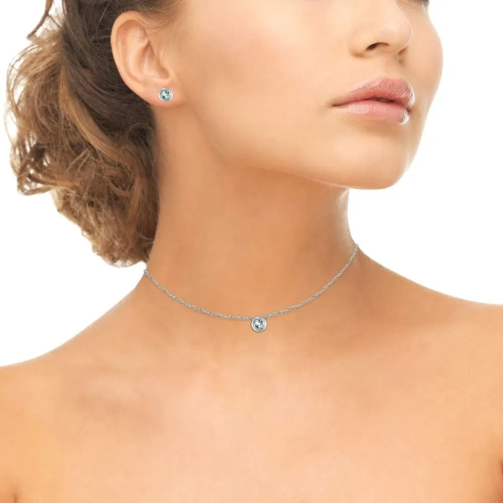 Jewelry Sets for Women, Necklace and Earring Sets for Women, Birthstone Jewelry, Genuine or Synthetic Gems, 5mm Round Bezel, Pendant Necklace, Short Necklace, Stud Earrings, Sterling Silver Jewelry