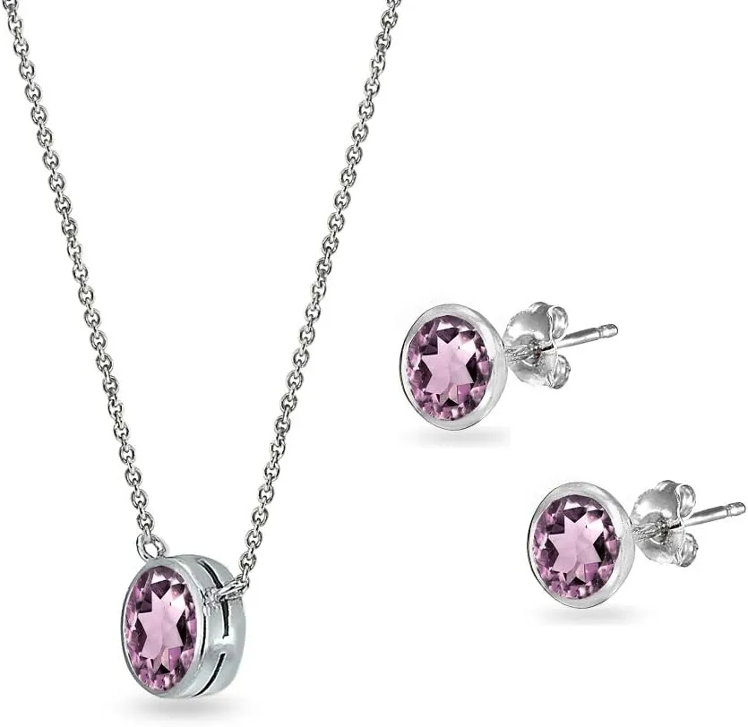 Jewelry Sets for Women, Necklace and Earring Sets for Women, Birthstone Jewelry, Genuine or Synthetic Gems, 5mm Round Bezel, Pendant Necklace, Short Necklace, Stud Earrings, Sterling Silver Jewelry