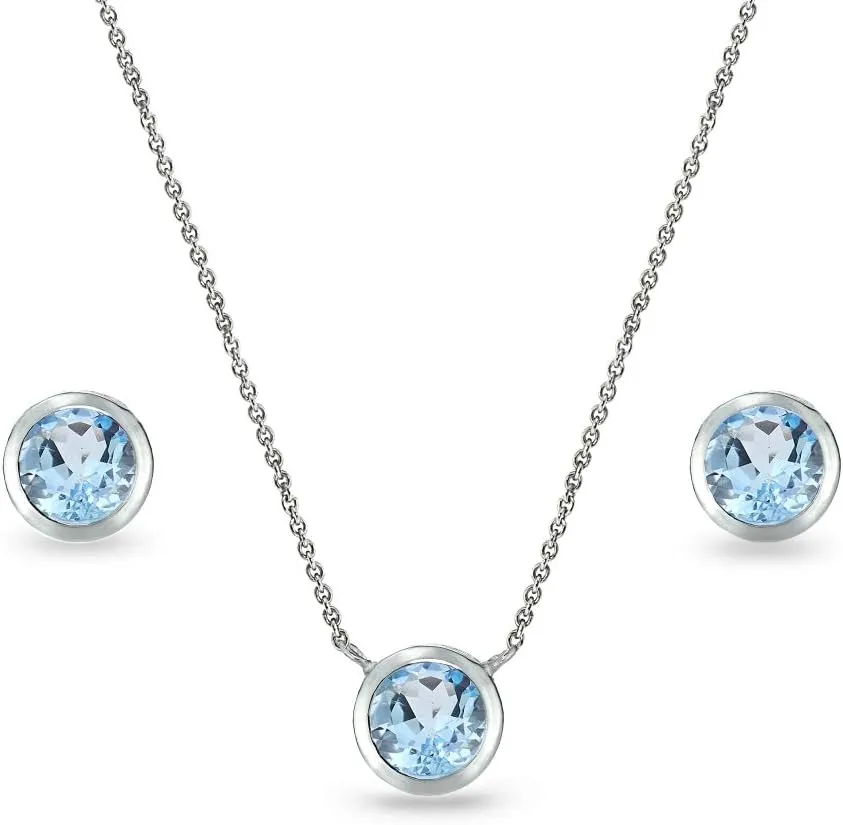 Jewelry Sets for Women, Necklace and Earring Sets for Women, Birthstone Jewelry, Genuine or Synthetic Gems, 5mm Round Bezel, Pendant Necklace, Short Necklace, Stud Earrings, Sterling Silver Jewelry