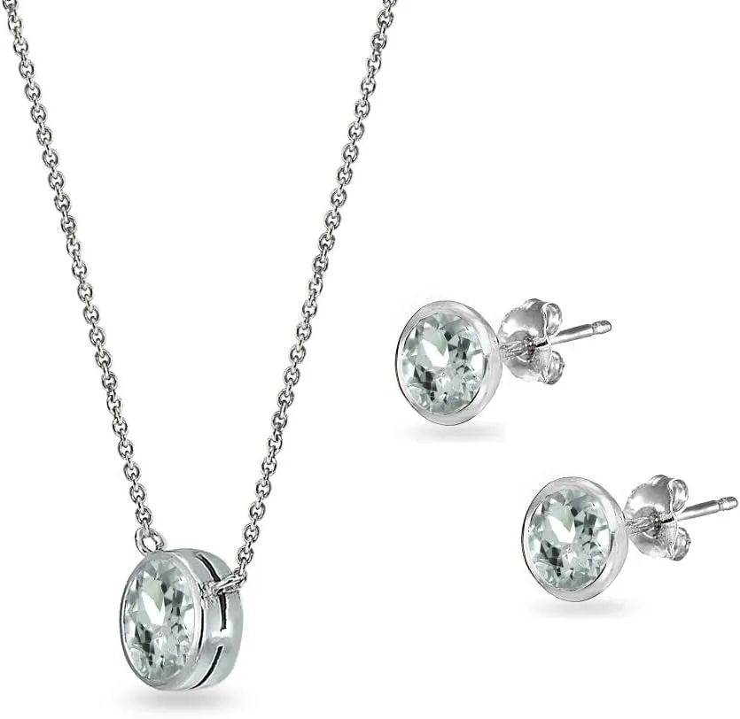 Jewelry Sets for Women, Necklace and Earring Sets for Women, Birthstone Jewelry, Genuine or Synthetic Gems, 5mm Round Bezel, Pendant Necklace, Short Necklace, Stud Earrings, Sterling Silver Jewelry