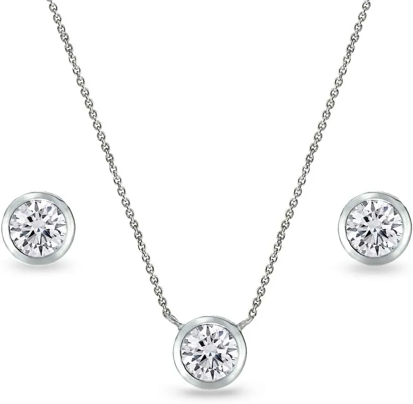 Jewelry Sets for Women, Necklace and Earring Sets for Women, Birthstone Jewelry, Genuine or Synthetic Gems, 5mm Round Bezel, Pendant Necklace, Short Necklace, Stud Earrings, Sterling Silver Jewelry