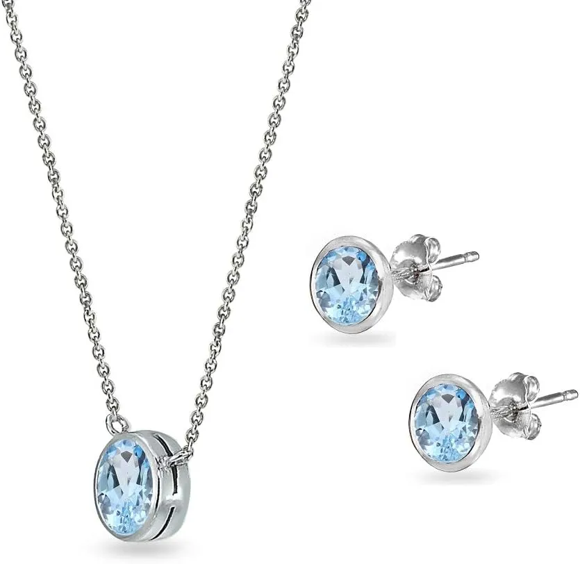 Jewelry Sets for Women, Necklace and Earring Sets for Women, Birthstone Jewelry, Genuine or Synthetic Gems, 5mm Round Bezel, Pendant Necklace, Short Necklace, Stud Earrings, Sterling Silver Jewelry