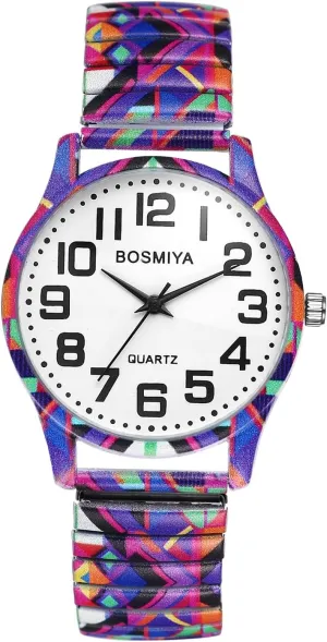 JewelryWe Unisex Stainless Steel Watch: Easy-Read Dial with Arabic Numerals Quartz Expansion Band Watch Colorful Geometry Design Comfortable and Stylish for Men and Women