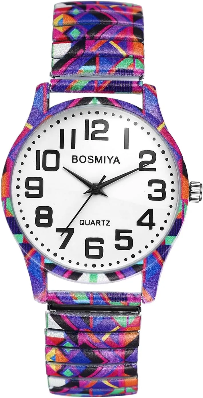 JewelryWe Unisex Stainless Steel Watch: Easy-Read Dial with Arabic Numerals Quartz Expansion Band Watch Colorful Geometry Design Comfortable and Stylish for Men and Women