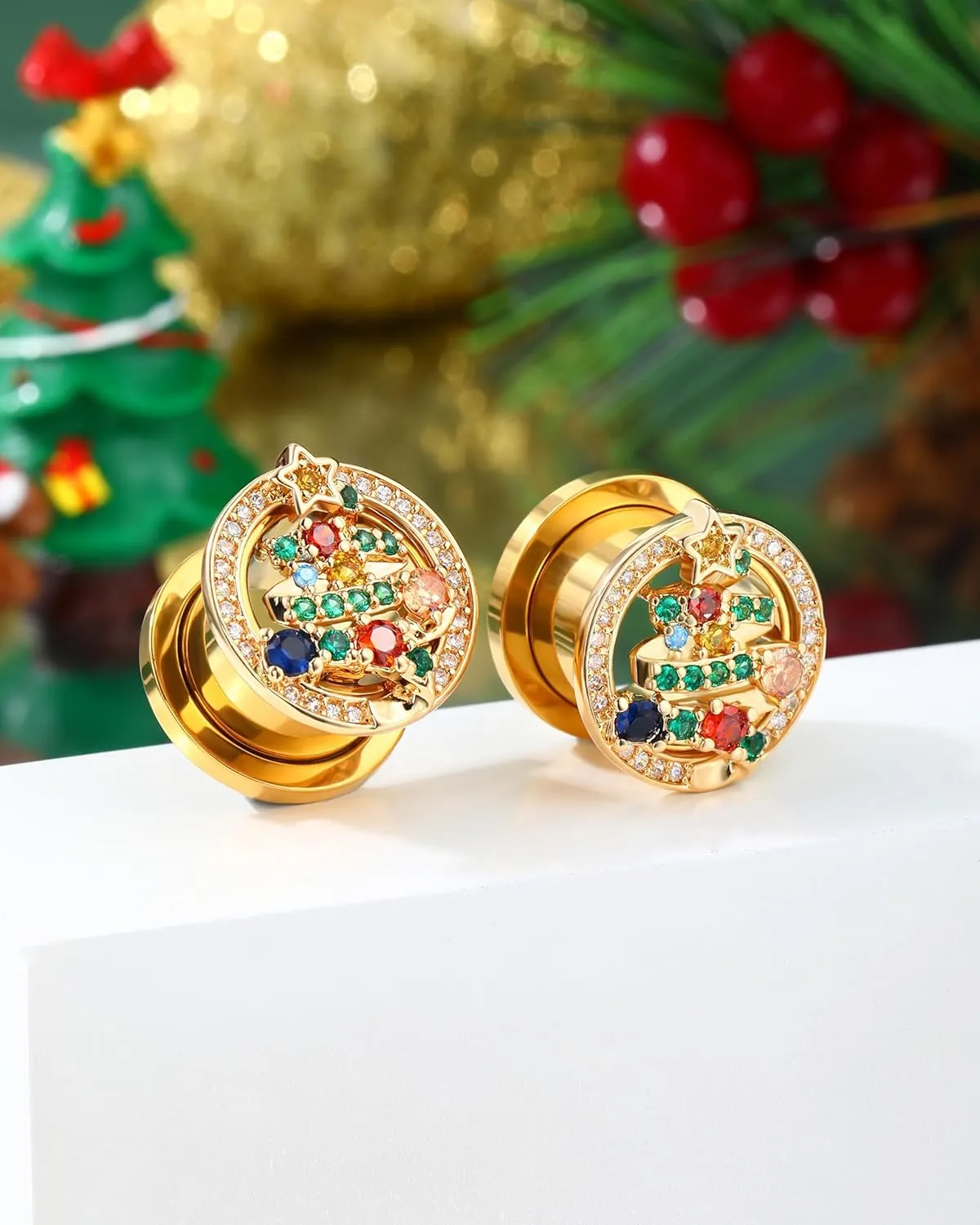 Jewseen Surgical Steel Ear Gauges Gold Ear Plugs Christmas Ear Tunnels Rainbow Cubic Zirconia Gauges for Ears for Women 2g-5/8 Gauges Plugs