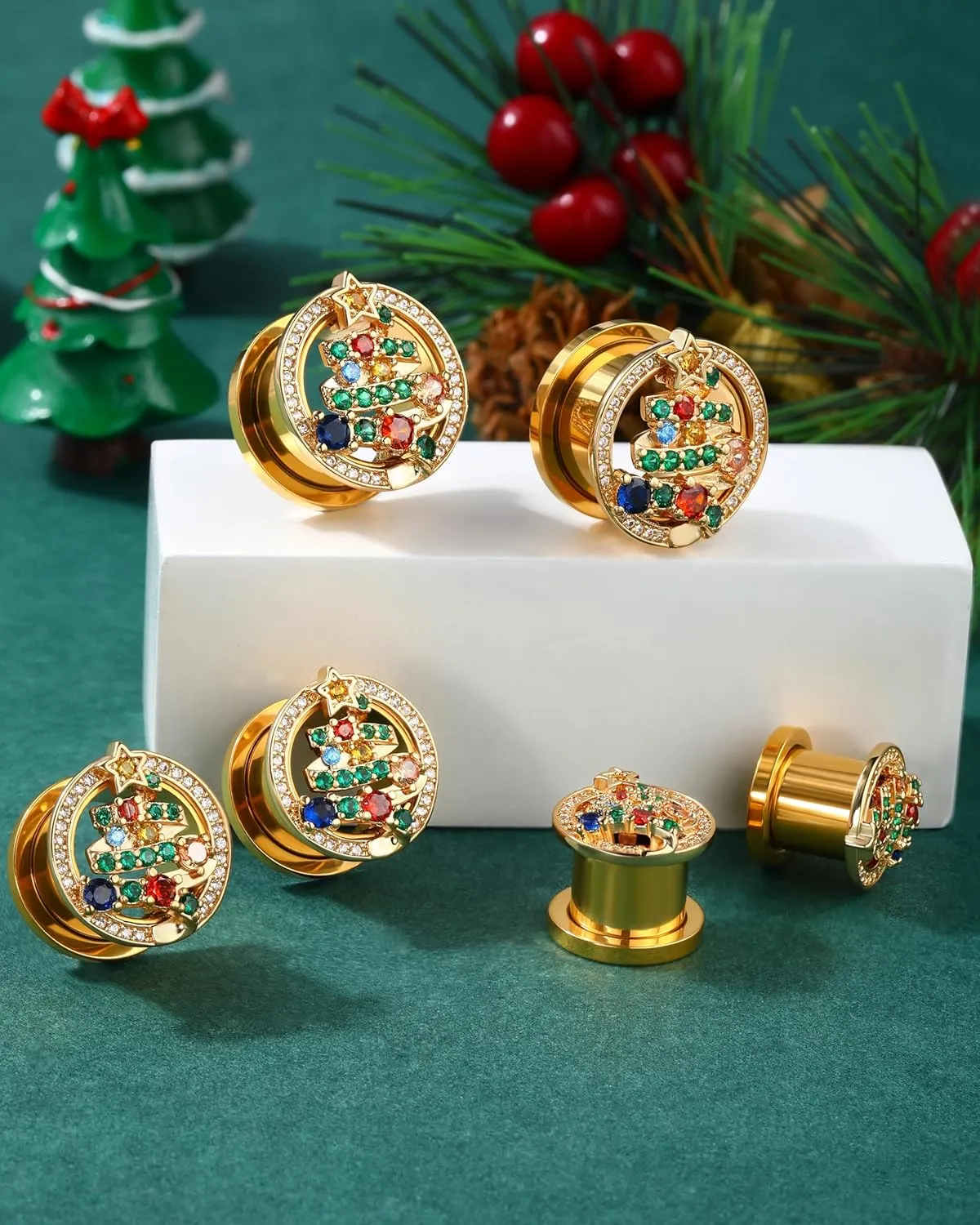 Jewseen Surgical Steel Ear Gauges Gold Ear Plugs Christmas Ear Tunnels Rainbow Cubic Zirconia Gauges for Ears for Women 2g-5/8 Gauges Plugs