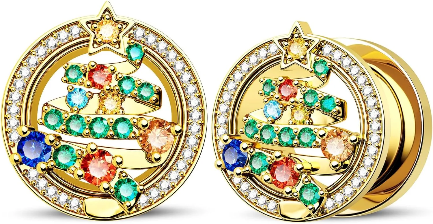 Jewseen Surgical Steel Ear Gauges Gold Ear Plugs Christmas Ear Tunnels Rainbow Cubic Zirconia Gauges for Ears for Women 2g-5/8 Gauges Plugs