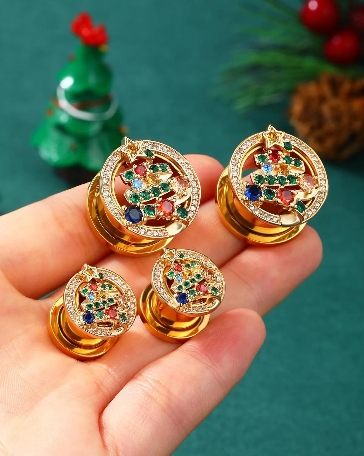 Jewseen Surgical Steel Ear Gauges Gold Ear Plugs Christmas Ear Tunnels Rainbow Cubic Zirconia Gauges for Ears for Women 2g-5/8 Gauges Plugs