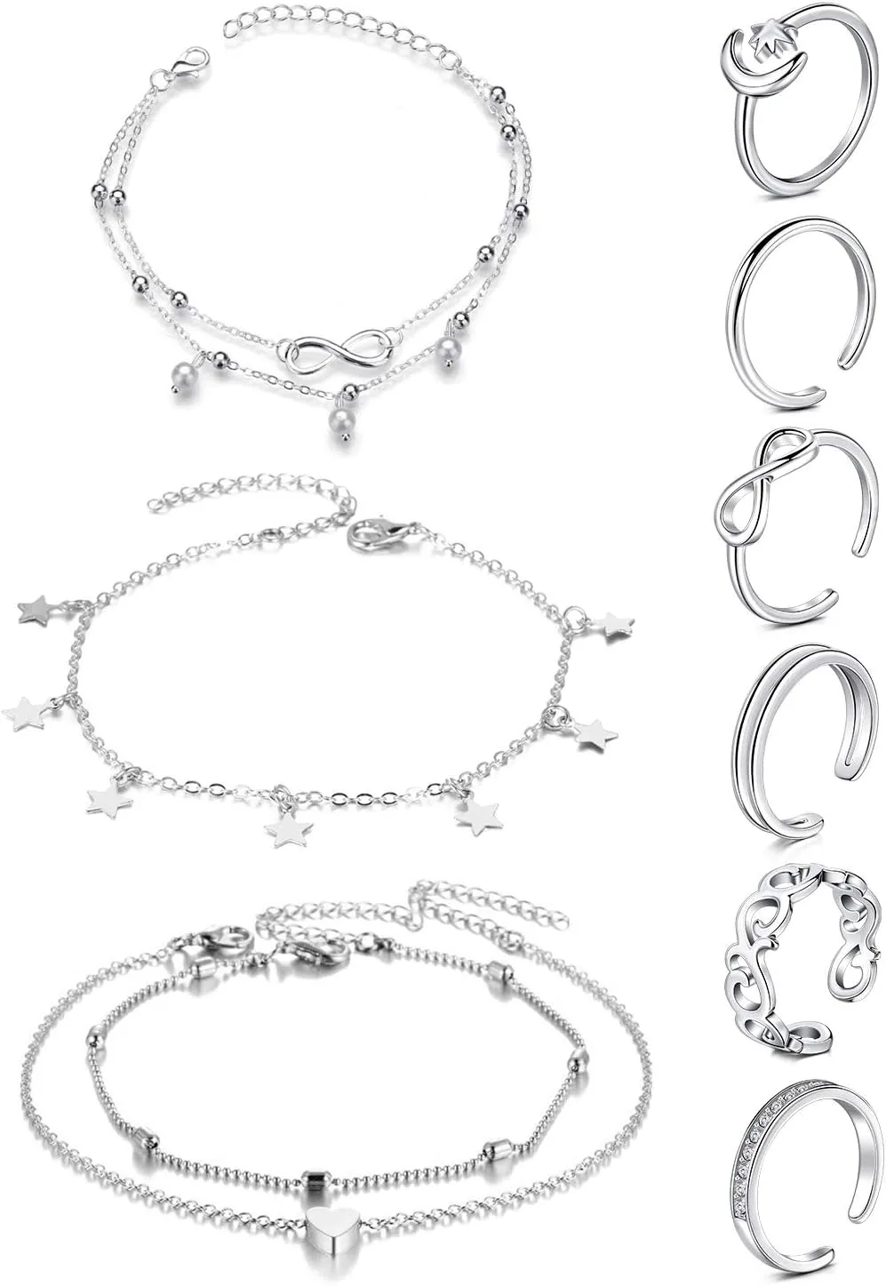 JFORYOU Toe Rings for Women Adjustable Open Toe Rings with Anklet Set CZ Flower Toes Ring for Summer Beach Foot Jewelry