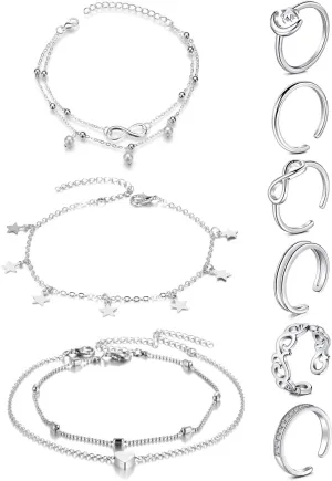 JFORYOU Toe Rings for Women Adjustable Open Toe Rings with Anklet Set CZ Flower Toes Ring for Summer Beach Foot Jewelry