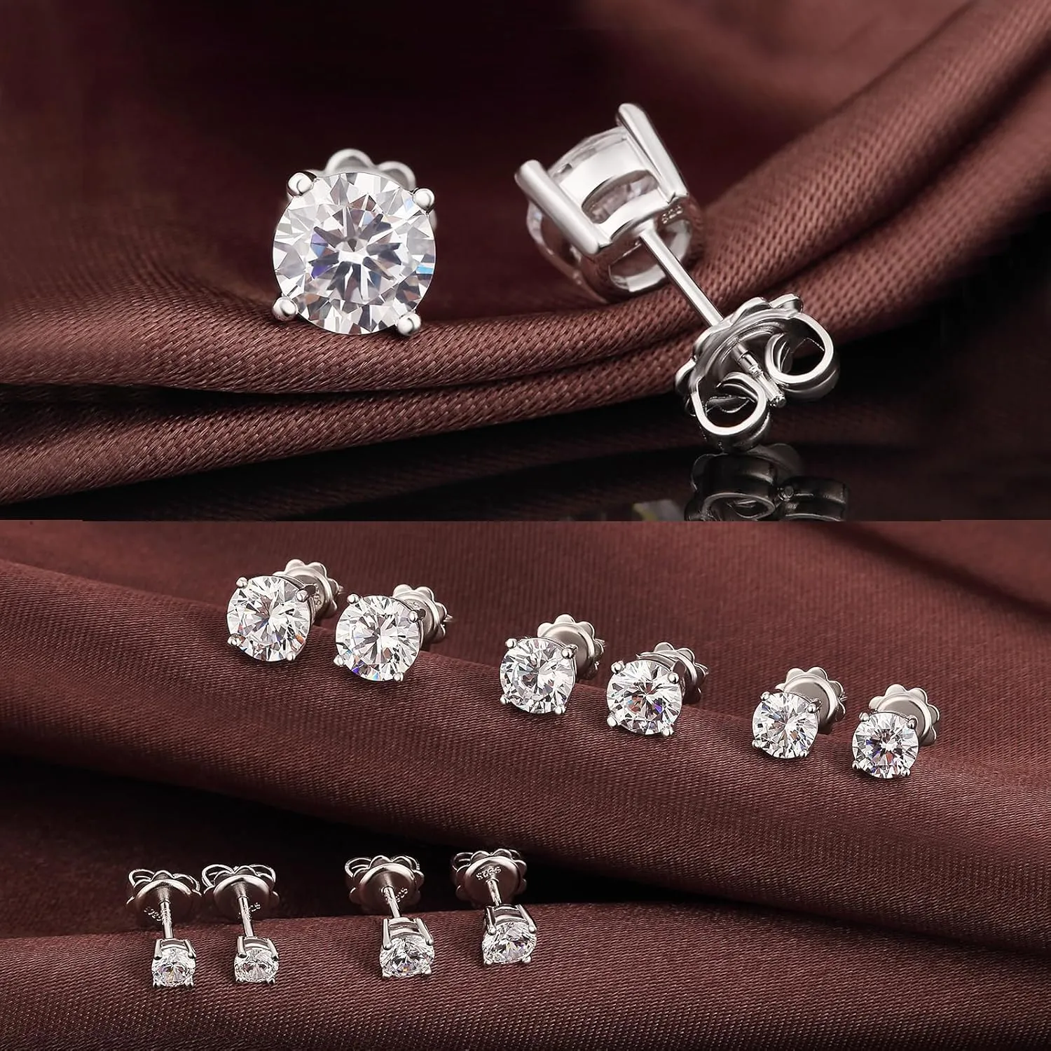 Jiamiaoi 18K White Gold Plated Simulated Diamond Stud Earrings 925 Sterling Silver Round Stud Earring 4mm to 8mm Earrings Stud for Women Men