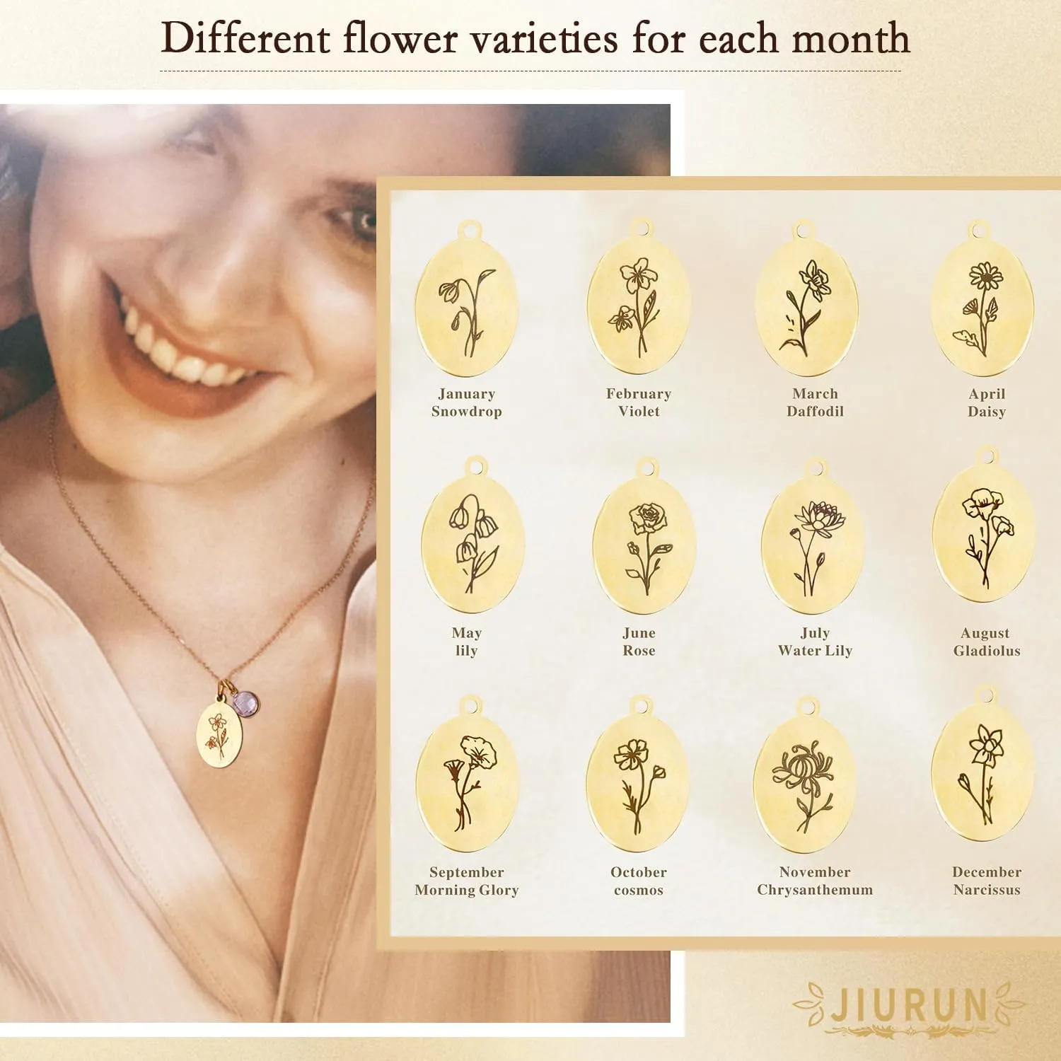 JIURUN Birth Flower Necklace for Women Mom,18K Gold Plated Dainty Birthstone Pendant Handmade Necklaces Personalized Floral Pendant Birthday Gifts Mothers Day Valentines Day Gift For Women