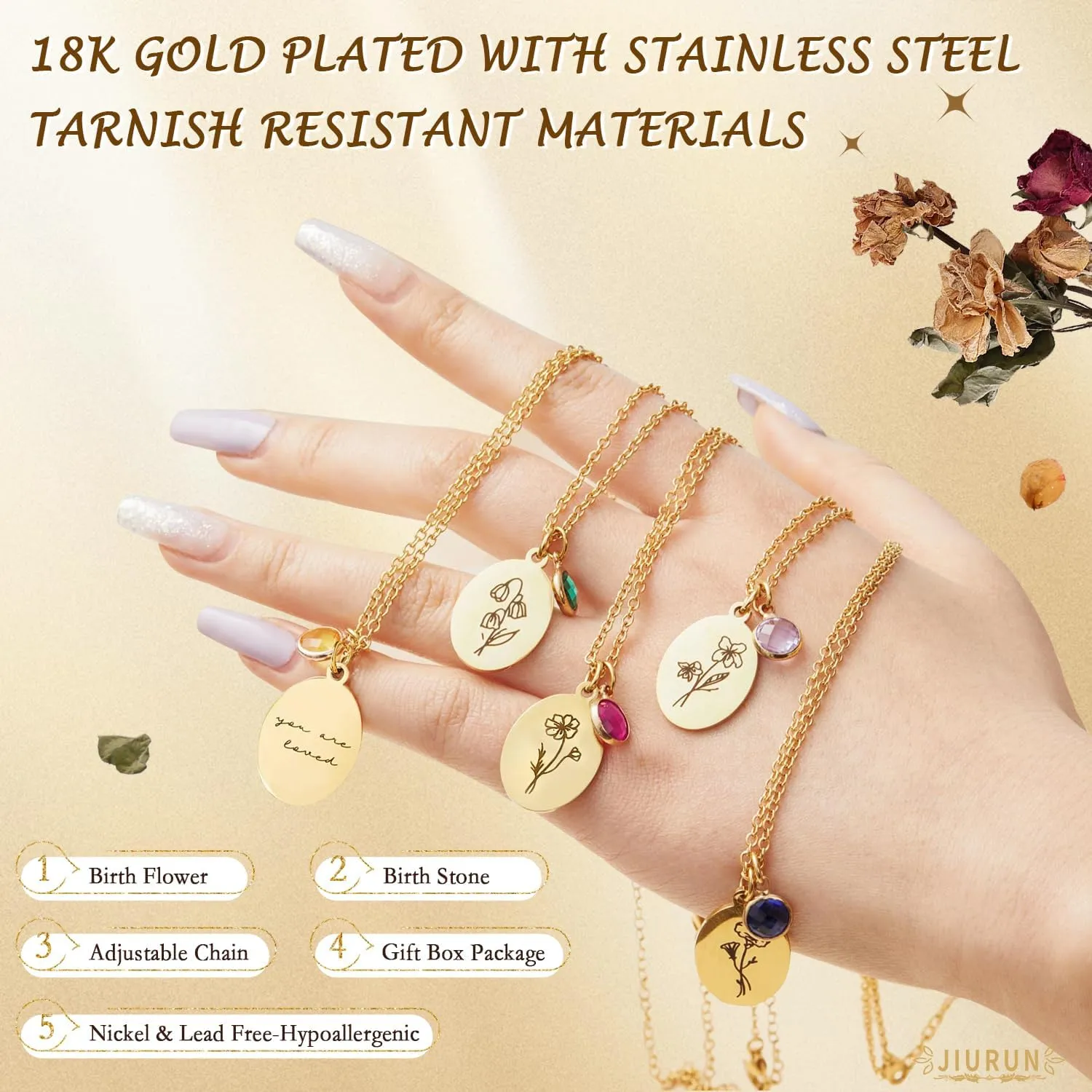 JIURUN Birth Flower Necklace for Women Mom,18K Gold Plated Dainty Birthstone Pendant Handmade Necklaces Personalized Floral Pendant Birthday Gifts Mothers Day Valentines Day Gift For Women