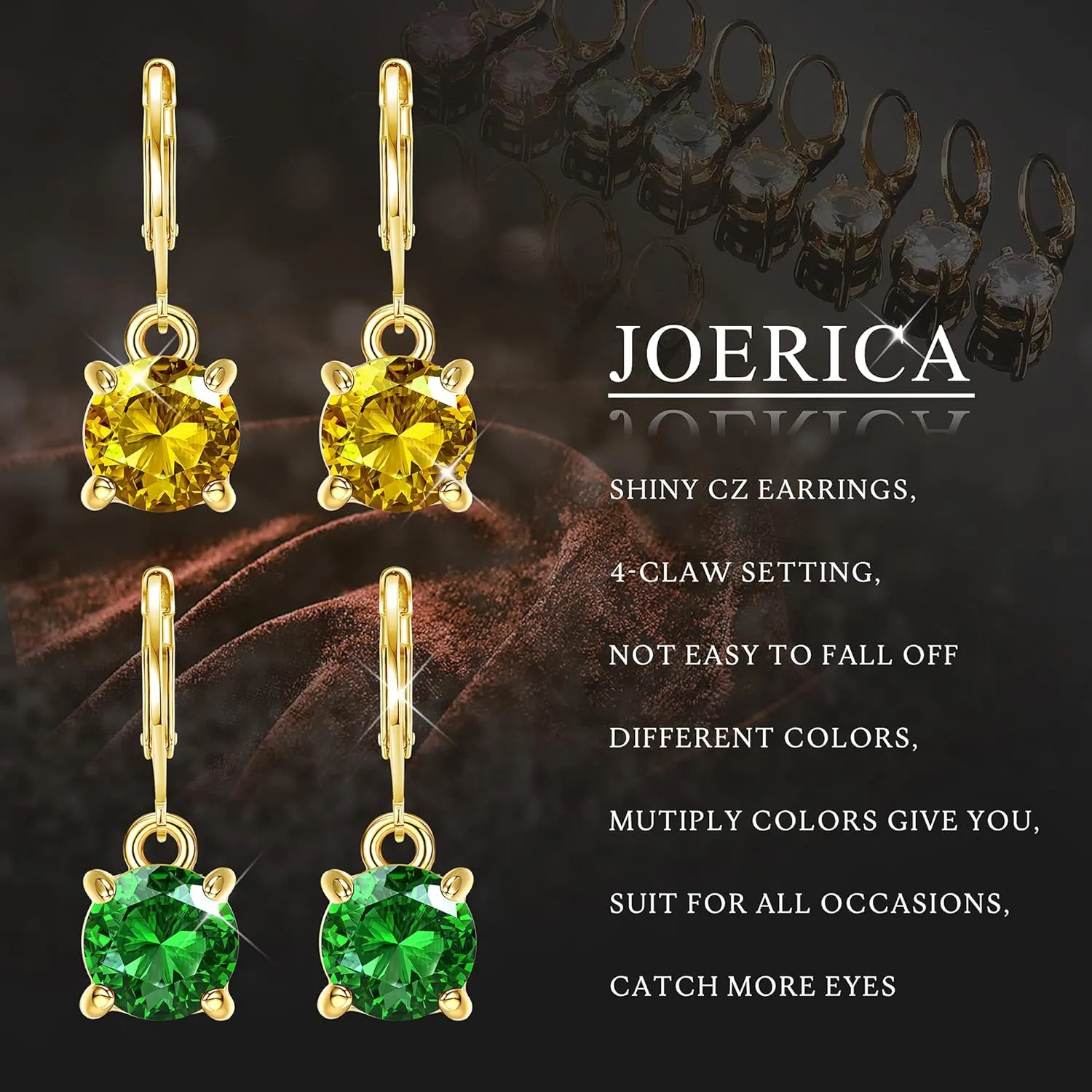 JOERICA 12 Pairs Leverback Dangle Earrings for Women Stainless Steel Dangle Hoop Earrings Set Multi Colored 8mm Cubic Zirconia Earrings