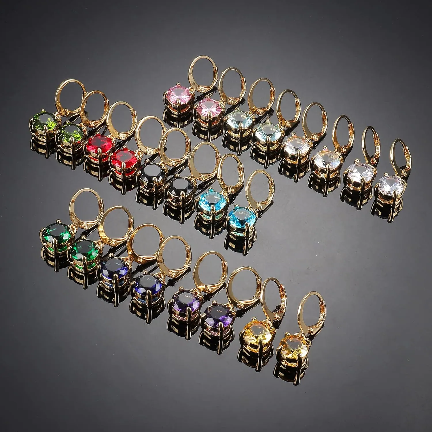 JOERICA 12 Pairs Leverback Dangle Earrings for Women Stainless Steel Dangle Hoop Earrings Set Multi Colored 8mm Cubic Zirconia Earrings