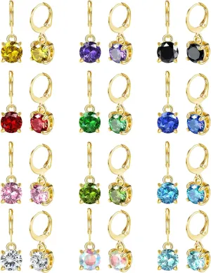 JOERICA 12 Pairs Leverback Dangle Earrings for Women Stainless Steel Dangle Hoop Earrings Set Multi Colored 8mm Cubic Zirconia Earrings