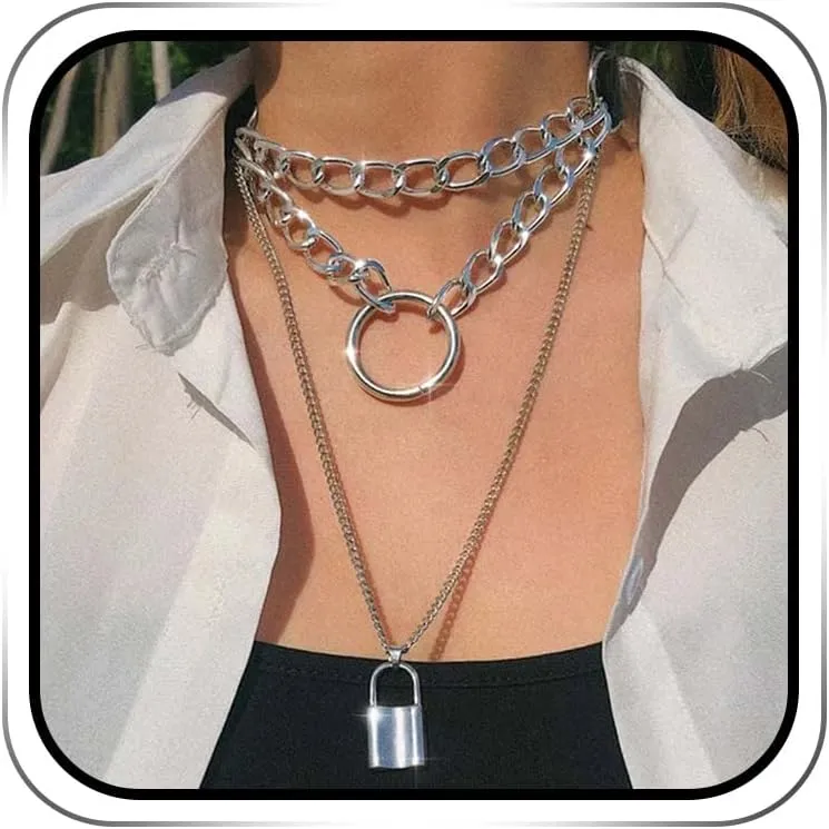 Jovono Chunky Choker Necklaces Silver Layered Circle Pendant Necklace Punk Thick Necklace Accessories for Women