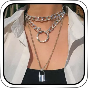 Jovono Chunky Choker Necklaces Silver Layered Circle Pendant Necklace Punk Thick Necklace Accessories for Women
