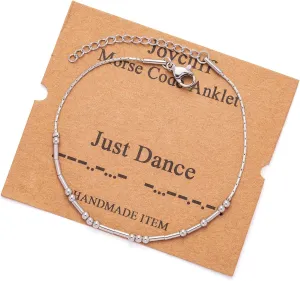 JoycuFF Morse Code Ankle Bracelets for Her Gifts for Women Adjustable Silver Anklets Birthday Gift for Her