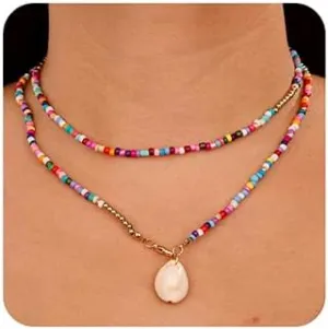 Jumwrit Bohemian Beaded Necklace Tiny Seed Bead Necklace Pearl Cowrie Shell Pendant Necklace Cute Colorful Necklace Long Layered Necklace for Women (Colorful)