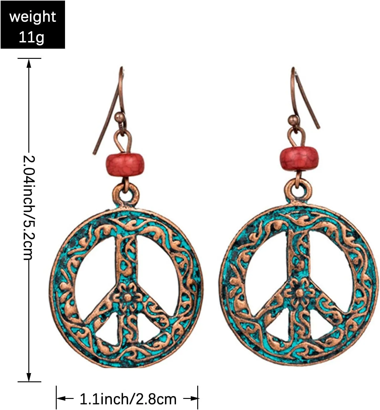 KaFu Unique Antique Silver Round Peace Sign Symbol Hook Dangle Drop Earring Vintage alloy Hollow Carved Flower Drop Earring For Women Girls Jewelry Gift