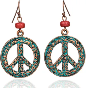 KaFu Unique Antique Silver Round Peace Sign Symbol Hook Dangle Drop Earring Vintage alloy Hollow Carved Flower Drop Earring For Women Girls Jewelry Gift
