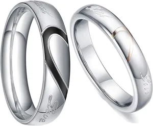 KnSam 4MM Couple Rings Stainless Steel Puzzle Heart Love Ring Black Rose Gold Women Size 10 & Men Size 12
