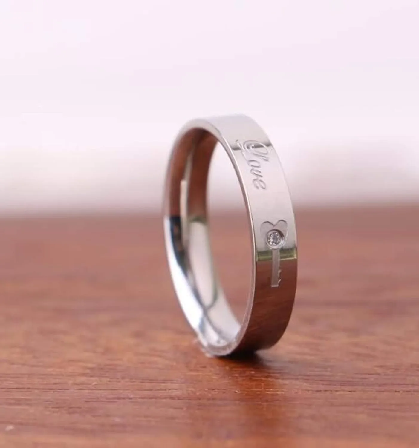 KnSam Couple Ring Sets Stainless Steel Engraved Love Lock and Love Key Silver Ring Size 5-13