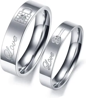 KnSam Couple Ring Sets Stainless Steel Engraved Love Lock and Love Key Silver Ring Size 5-13