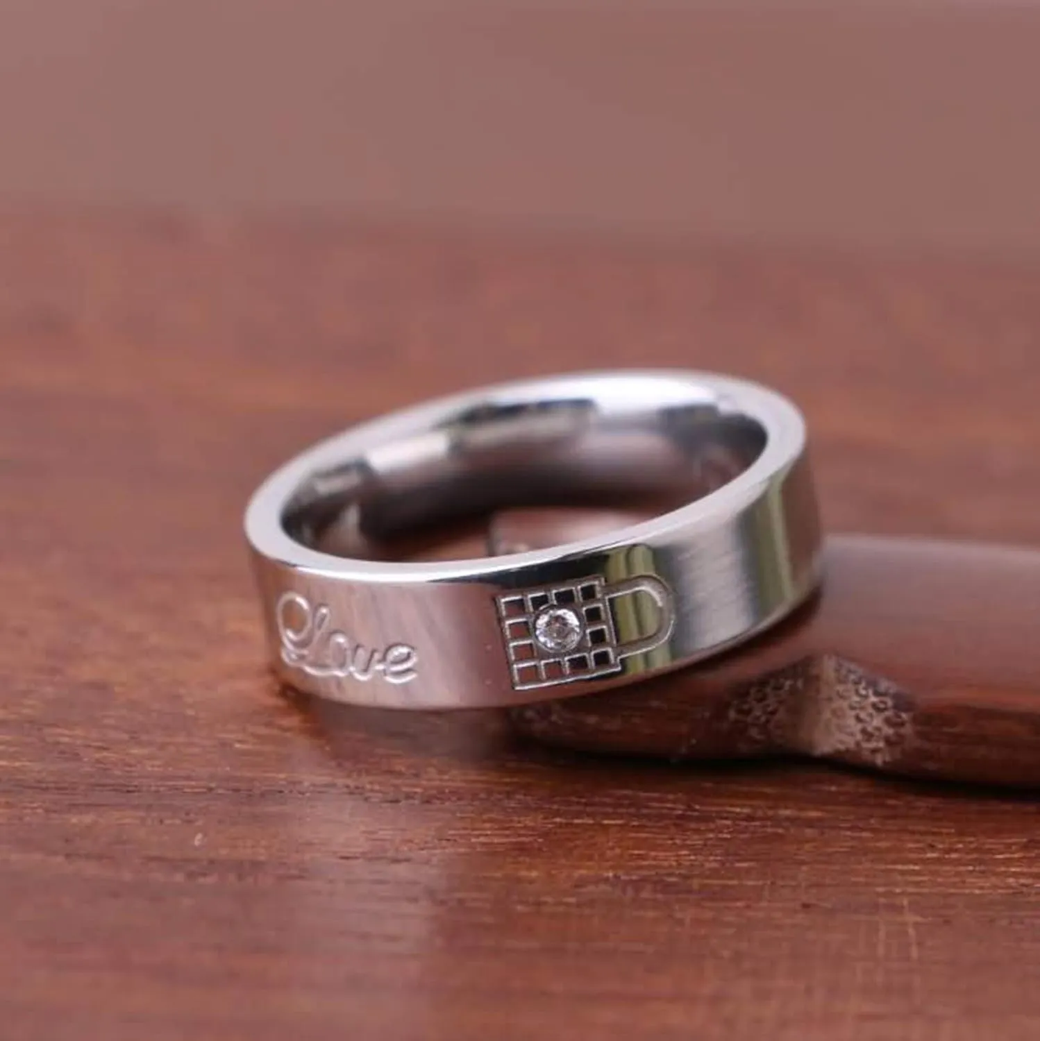 KnSam Couple Ring Sets Stainless Steel Engraved Love Lock and Love Key Silver Ring Size 5-13