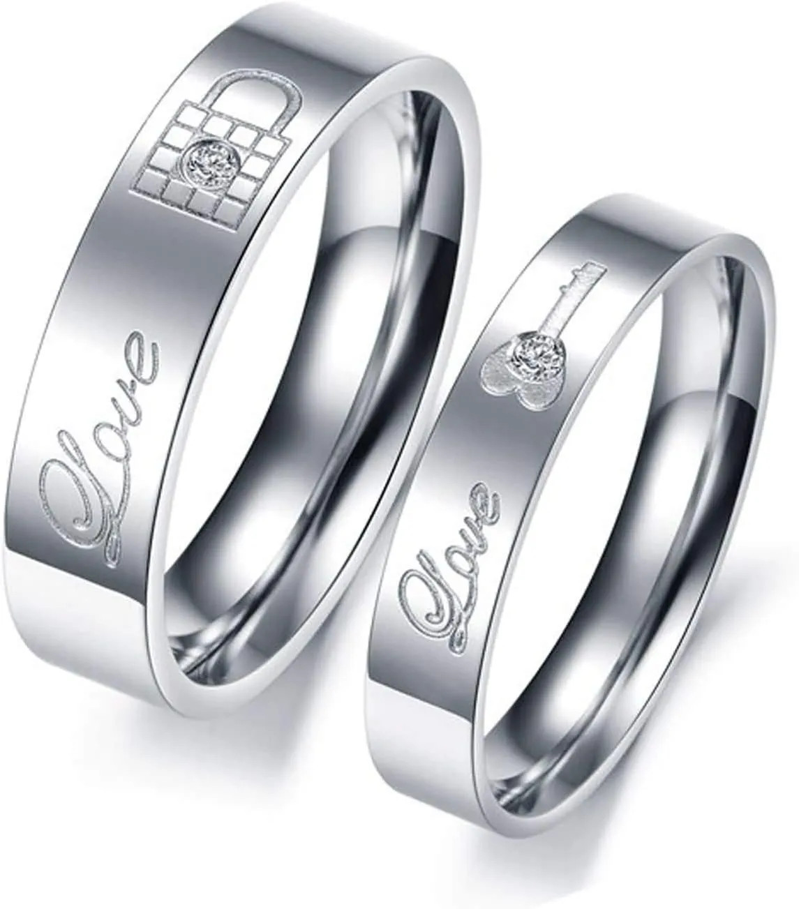KnSam Couple Ring Sets Stainless Steel Engraved Love Lock and Love Key Silver Ring Size 5-13