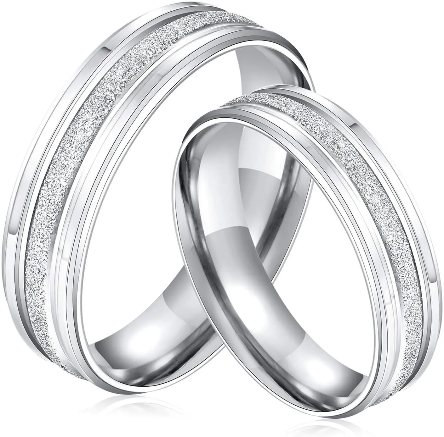 KnSam Couple Ring Stainless Steel Dull Polish Design Around Ciecle Silver Women Ring Size 9 & Men Ring Size 8